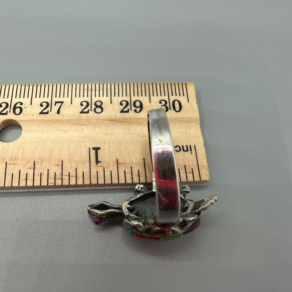 Aurora Opal Turquoise Inlay Grid Sterling Silver 925 Turtle Ring Handmade MOVES - Picture 3 of 11
